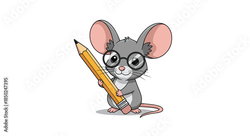Smart cartoon mouse character wearing round black glasses and hugging a giant yellow pencil on a white background.
