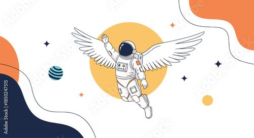 Imaginative astronaut character with large white swan wings flying through space near distant planets and shining bright stars.