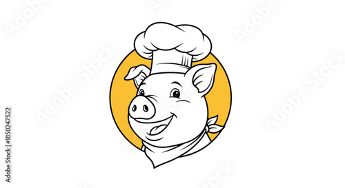 Cheerful pig character wearing a tall white chef hat and neckerchief inside a circular yellow frame logo for a restaurant brand.
