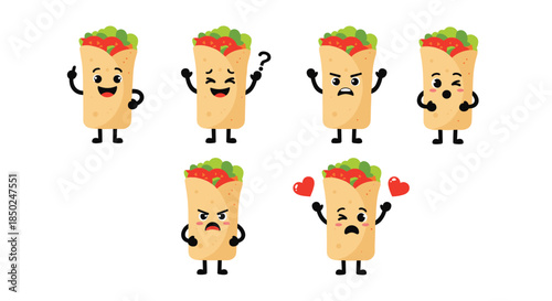 Set of cute burrito character stickers showing various emotions like happy sad angry and in love expressions for social media.