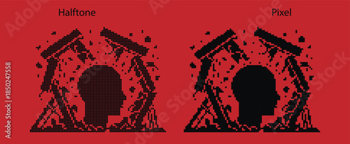 Mental pressure visualized as collapsing inward structures, abstract poster graphic.