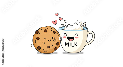 Smiling chocolate chip cookie and a happy milk cup surrounded by floating pink hearts in a cute cartoon vector style.