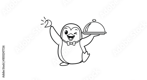 Penguin waiter wearing a black bowtie holding a serving tray and a hand bell in a clean black and white line art style.