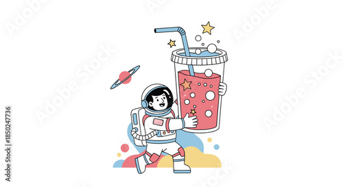 Happy cartoon astronaut walking through deep space while holding a giant cup of bubbly red drink with a blue straw.