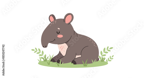 Sweet tapir character resting on a patch of green grass with simple leaf decorations in a soft colorful cartoon style.