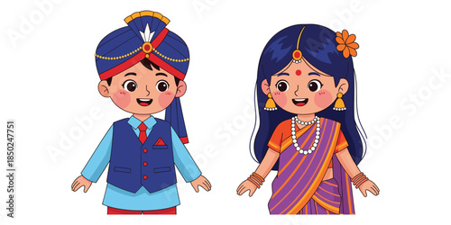 Cartoon Indian boy and girl in traditional festive attire on white background child children