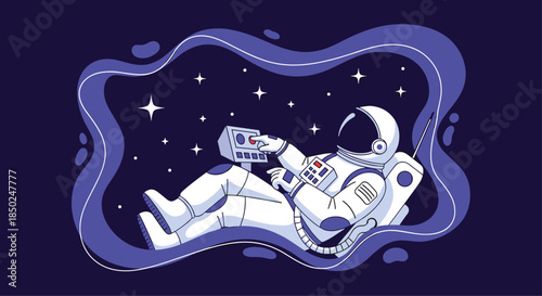 Astronaut in a white spacesuit floating in the dark galaxy and operating a control panel surrounded by many stars.