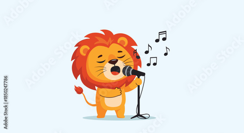 Talented lion character singing into a microphone on a stand with floating musical notes in a cute cartoon style on stage.