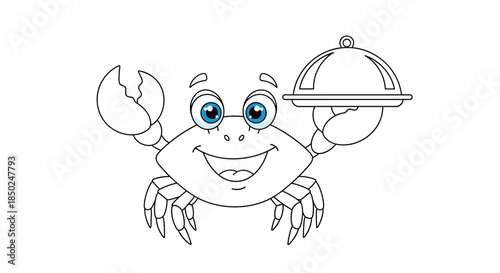 Happy crab character holding a serving tray in one claw in a simple black and white coloring book style illustration.