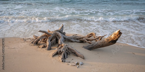 Wooden roots on the beach a...