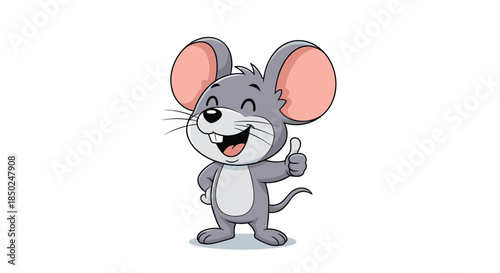 Happy little mouse character with large ears giving a thumbs up gesture and smiling on a plain white background.