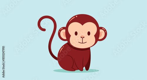 Simple and cute brown monkey character sitting and looking forward with a long curled tail on a blue background.