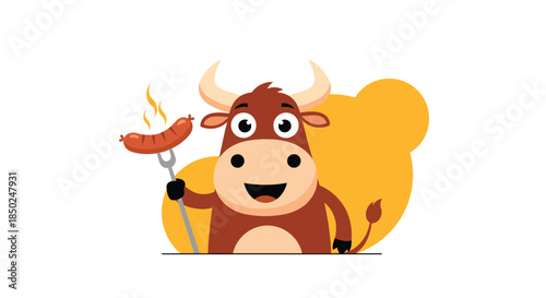 Friendly brown bull character holding a delicious grilled sausage on a fork against a warm yellow sun background.