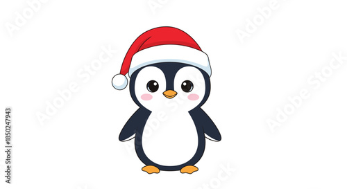 Cute penguin character wearing a red and white Santa hat, standing on a plain white background, perfect for Christmas themes.