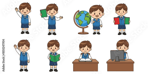 Cartoon school boy in uniform performing various educational activities on white background student
