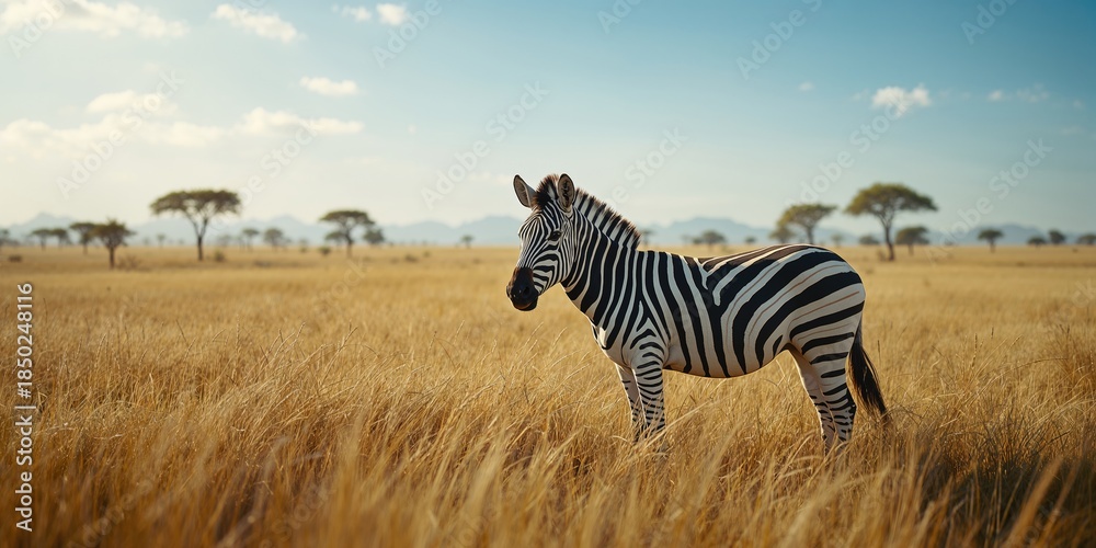 Obraz premium Zebra on the open plains with bright sunlight, highlighting biodiversity and habitat preservation