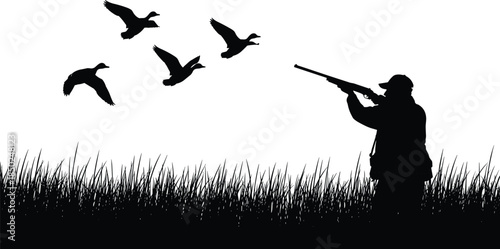 Black and white silhouette of hunter aiming shotgun at flying birds over grass field, outdoor hunting scene illustration representing sport, wildlife, tradition, and rural lifestyle