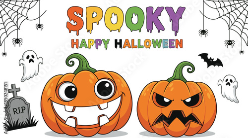 Cute spooky Halloween illustration with smiling and angry pumpkins, colorful typography, ghosts, bats, spiders, and cobwebs, festive cartoon design for holiday cards and decorations
