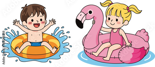 Children enjoying summer fun in a swimming pool with inflatable toys girl