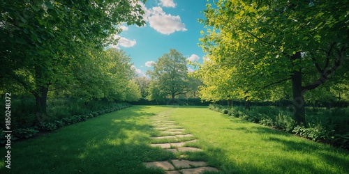 Lush green trees along a ga...