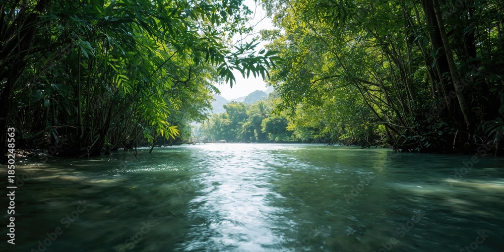 Obraz premium River water flowing through lush green leaves in a tropical forest, natural water movement