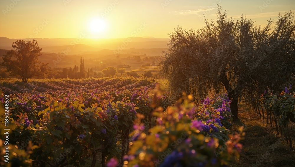Fototapeta premium Vineyard scene at dusk featuring olive groves and blooming flora in Tuscany, Italy, highlighting agricultural preservation