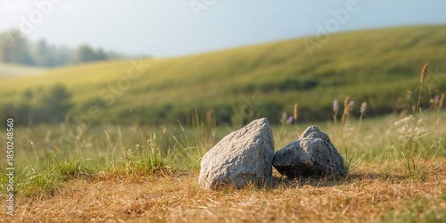 Two large stones on dry gra...