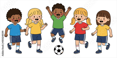 Diverse children playing soccer with a ball kids boys