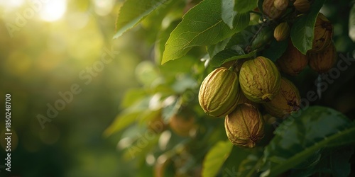 Unripe walnuts in vibrant g...