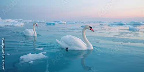 Fototapeta Naklejka Na Ścianę i Meble -  Pair of swans floating on water against a sky backdrop, suitable for landscape or wildlife themes, World Water Day