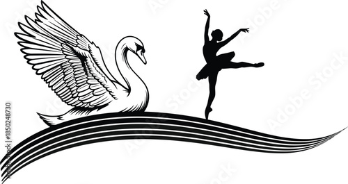 Elegant black and white ballet dancer silhouette with graceful swan illustration, artistic line art concept symbolizing classical dance, beauty, motion, and performance art