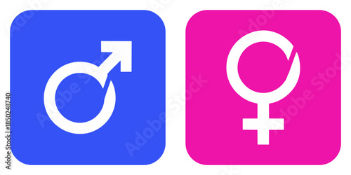 Stylized male and female gender symbols on colored square icons