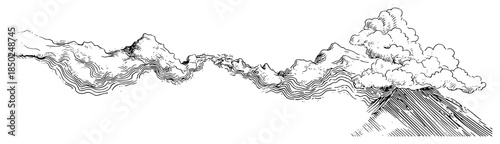 Hand drawn sketch of mountain landscape with clouds and fog