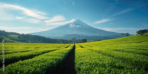 Tea fields on a hillside in...