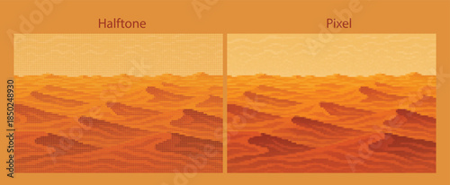 Vast digital desert with heat distortion waves, surreal abstract poster graphic.