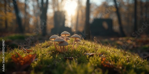 Mycena fungi growing on for...