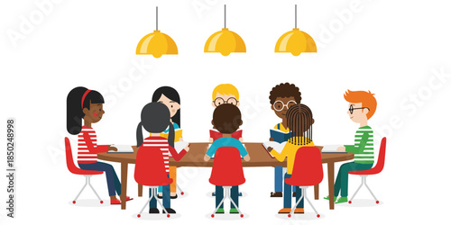 Diverse group of children sitting around a table reading books under yellow lamps Keywords: children, kids, diverse, group