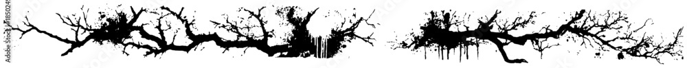Fototapeta premium Horizontal grunge silhouette of dead tree branches and roots with ink splatter effects