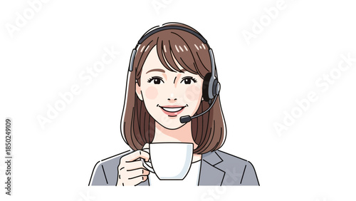 Woman with headset and coffee cup