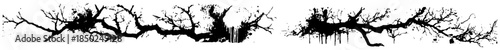 Horizontal grunge silhouette of dead tree branches and roots with ink splatter effects