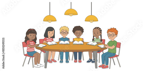 Diverse Group Of Six Children Sitting Around A Table Reading Books kids