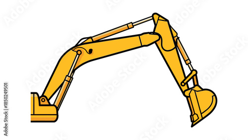 Yellow excavator arm with bucket on a white background