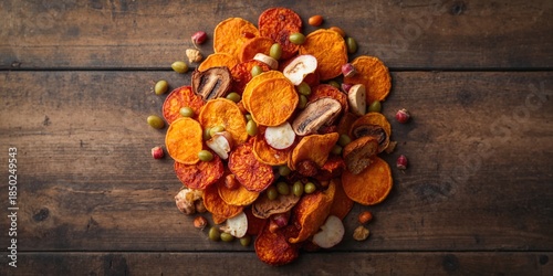 Mixed heap of dehydrated fruit and vegetable chips, plant-based snack with sweet potato, carrot, radish, beans, and mushrooms, Food & Drink