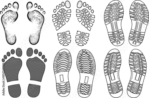 Footprints and shoe sole tread patterns collection in black and white, detailed vector illustrations for forensic, tracking, footwear design concepts