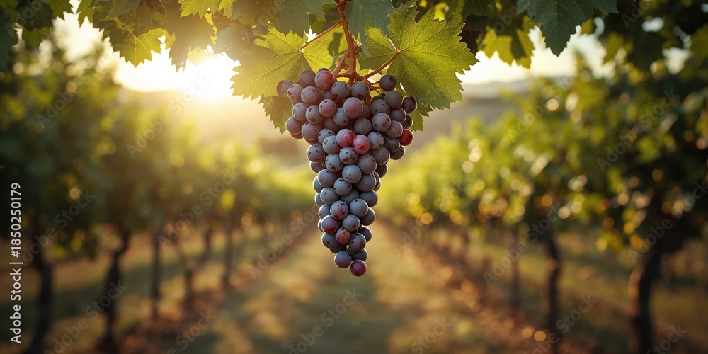 Fototapeta premium Close-up of grape clusters on the vine, highlighting crop ripeness and vineyard growth stages