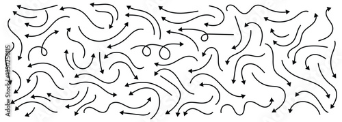 Set of simple thin line hand-drown curve doodle arrows in various style. Isolated on white background.