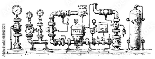 Industrial pipeline system with valves and pressure gauges sketch