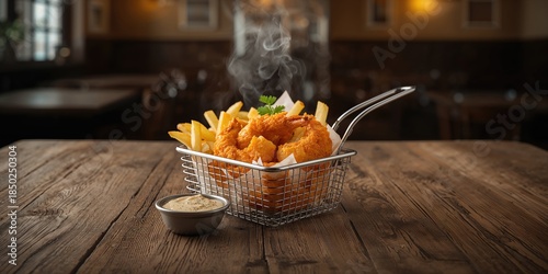 Seafood and fries served in...