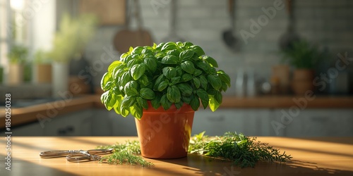Herbs in a pot, including b...