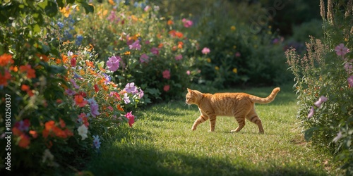 Tabby cat in orange walking...
